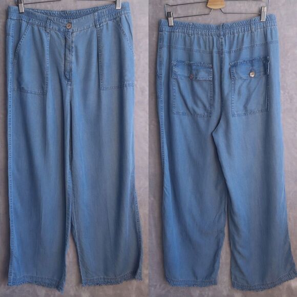 JOHN MARK Blue Wide Leg Pants Sz M Ankle Frayed Hem High Waist Chambray Lyocell - Picture 1 of 9